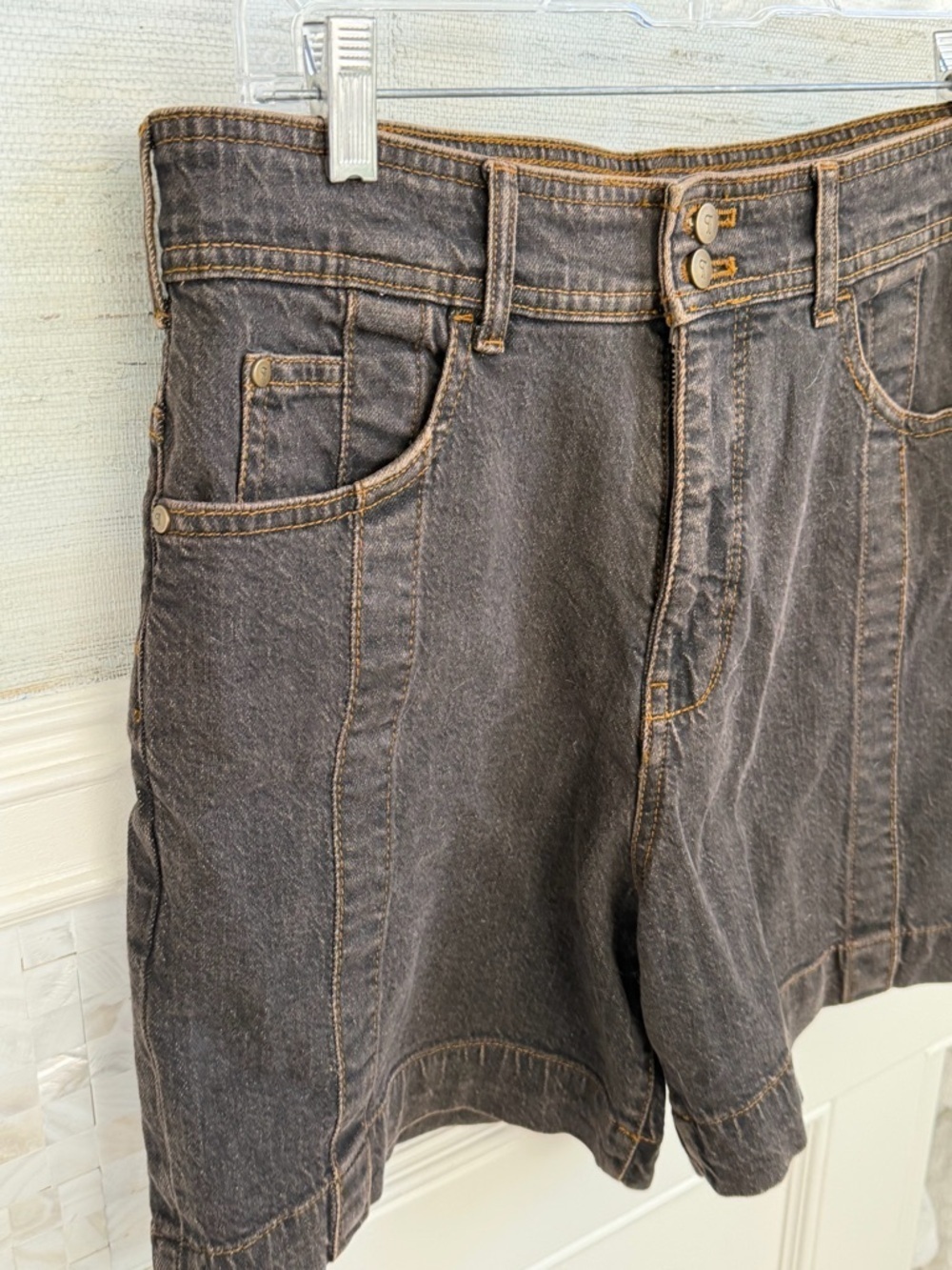 NWT new 28 Anthropologie pilcro seamed long denim jean shorts black gray gold - Picture 6 of 17